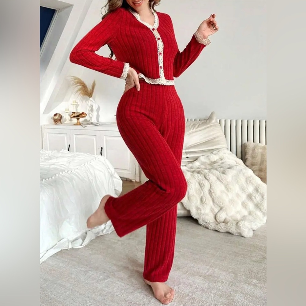 Elegant Red Lounging Pajama Set Lace Trim Comfy Butter Soft Stretchy Boutique